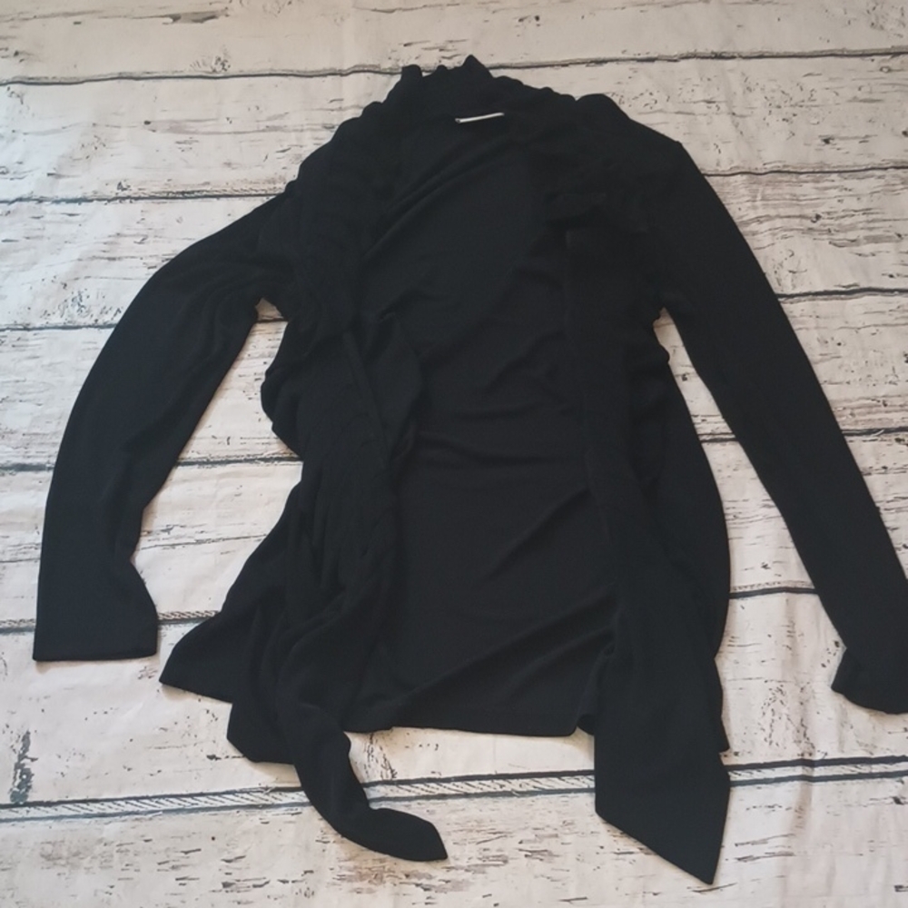 Chico's Travelers Black Acetate Ruffle Edge Open Cardigan Shrug 0